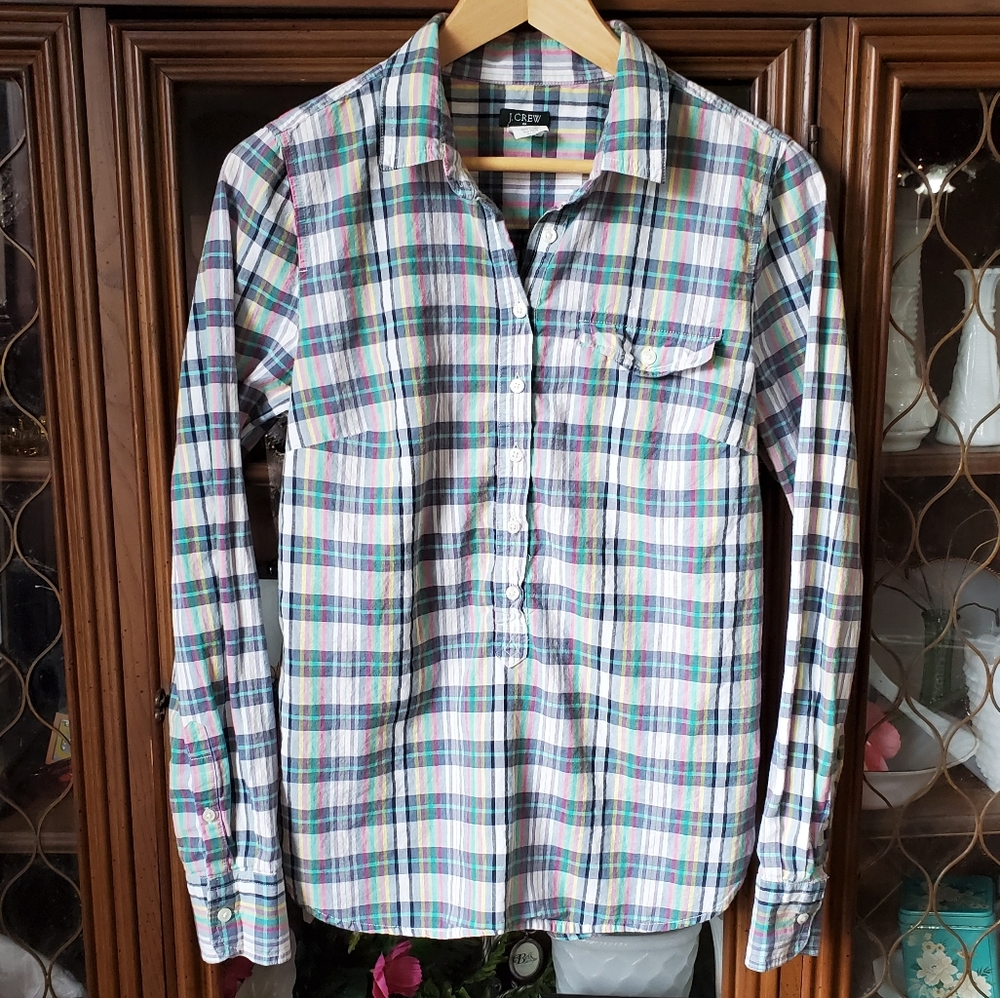 J. Crew Half-Button Plaid Long Sleeve Blouse - Picture 2 of 8